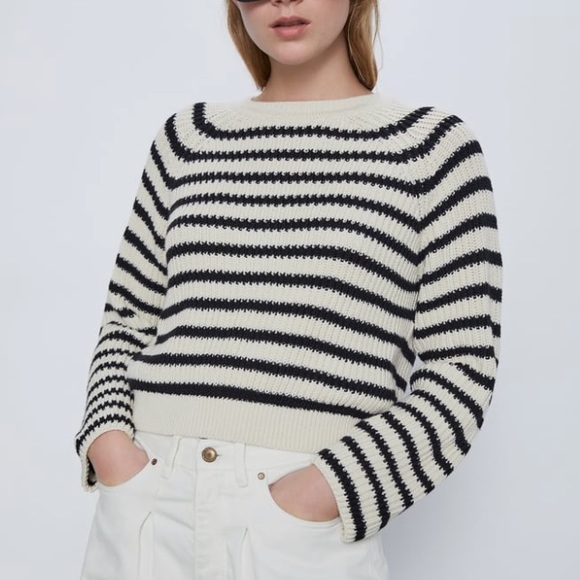 Zara | Sweaters | Zara Cropped Knit Sweater With Stripes | Poshmark
